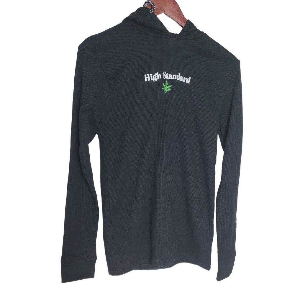 Restricted Logo Embroidered Black Long Sleeve Hooded Sweatshirt, Small